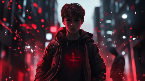 Teen boy stands in neon lit alley with glowing red hoodie emblem