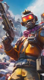 Cyberpunk space raider with blaster in snowy outpost.