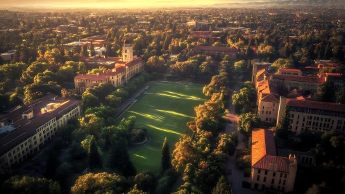 Sunlit college campus lawn glows warmly in the golden hour