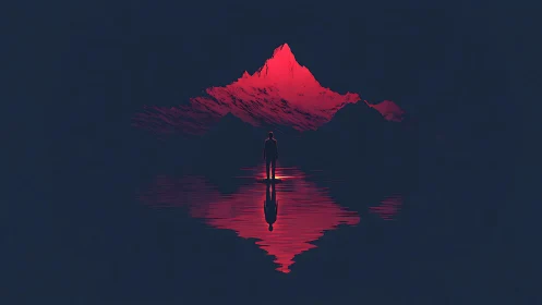 Silhouette stands before red mountain reflected on water