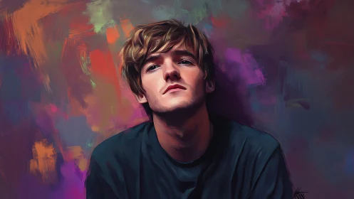 Digital painting portrait with expressive chromatic backdrop.