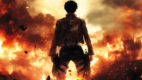 Lone anime soldier confronts a burning battlefield in fury