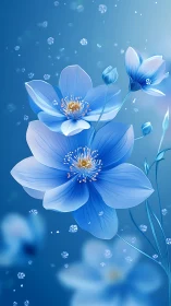 Blue Anemone Flowers with Golden Centers.