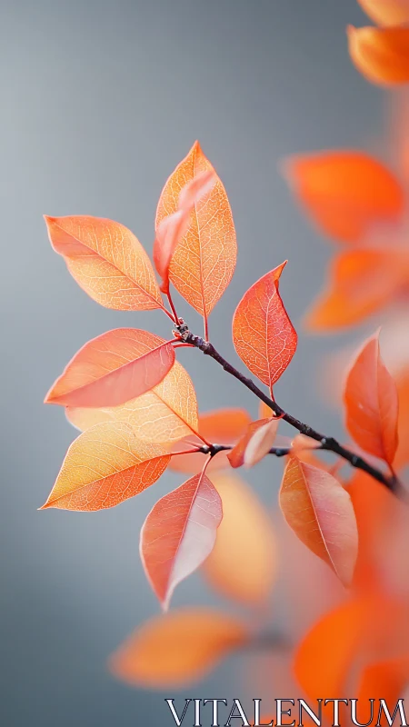 Orange autumn leaves glow against soft teal bokeh.