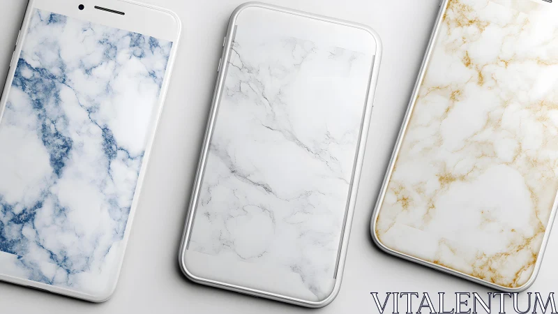 Modern smartphones with marble textured cases in minimalist style.