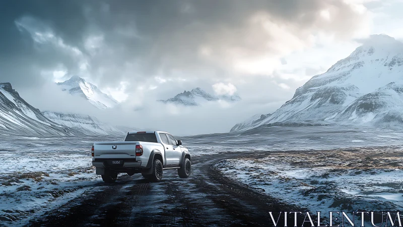 Pickup truck travels along snow-covered mountain valley road
