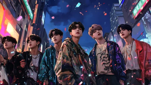 Neon lit boy band ensemble in stylized urban nightlife street