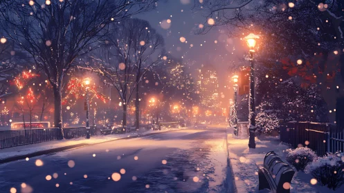 Snow covered city street with lampposts and lighted trees.