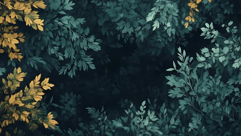 Golden and teal botanical foliage framing deep shadow space.