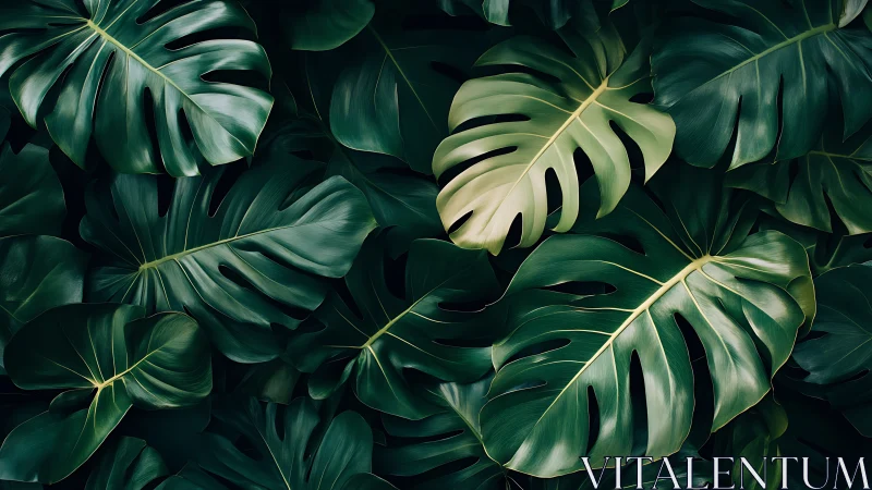 Photorealistic overlapping monstera canopy with lush gloss finish.