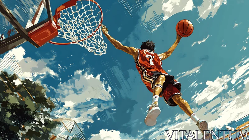 Skybound streetball dunk under wild summer clouds.