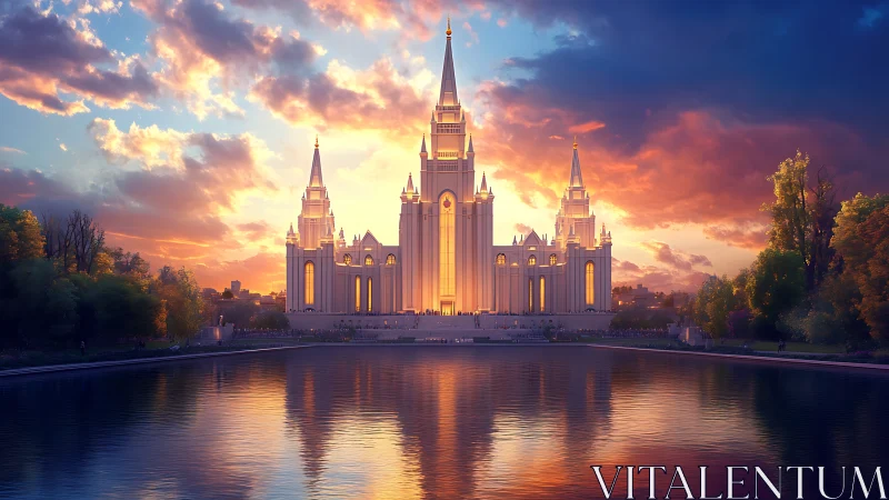 Sunlit temple towers glow above a tranquil reflecting lake.