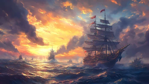 Tall ships under dramatic sunset sky on open ocean waters.