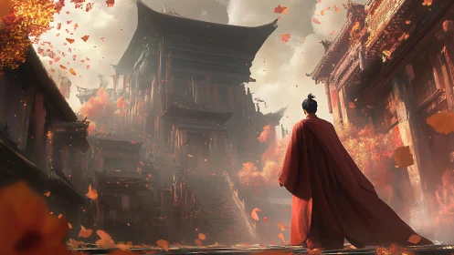 Lone robed figure facing towering ancient temple city.