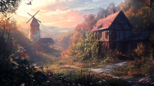 Sunlit hilltop windmill and ivy-wrapped cottage in bloom.