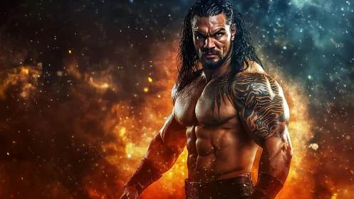 Tattooed storm warrior rises from molten cosmic embers