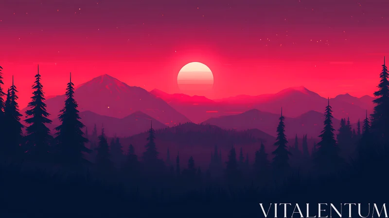 Crimson sun over silhouetted pine mountains at dusk.