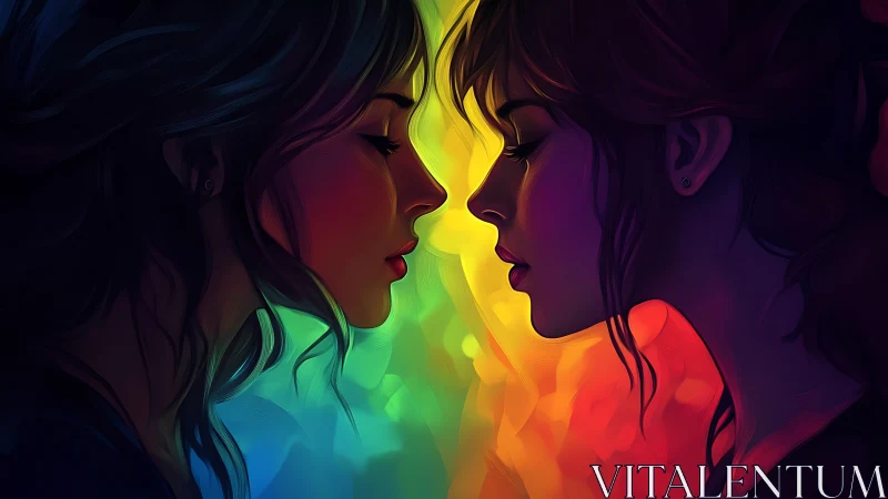 Two Figures in Luminous Embrace with Neon Rainbow Light