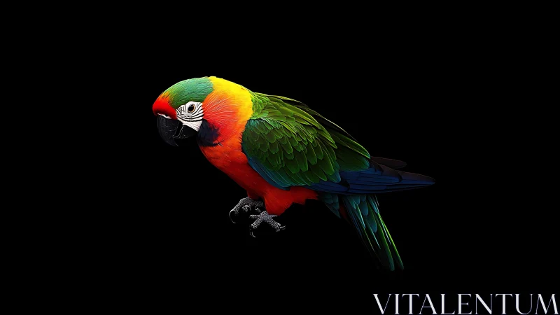 Vibrant Macaw Parrot Portrait on Black Background, Photorealistic Style.