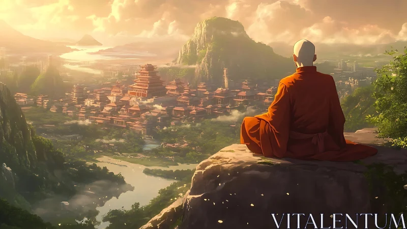 Monk above jade valleys watching a sunrise city breathe.