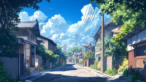 Sunlit summer alleyway in traditional Japanese residential district