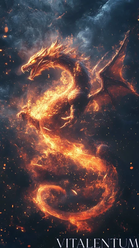 Volumetric ember-forged fire dragon coalescing in cosmic smoke