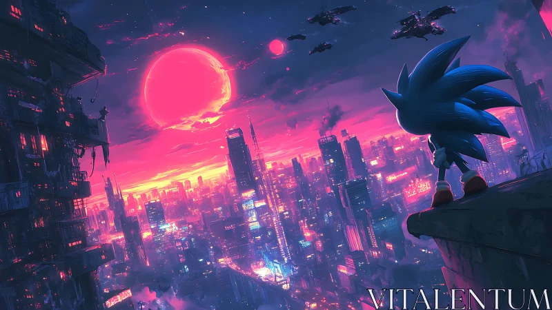 Neon-lit cyberpunk skyline observed from ledge by stylized hedgehog