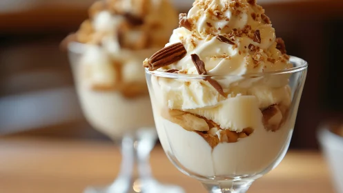 Vanilla ice cream parfait with nuts in clear dessert glass.