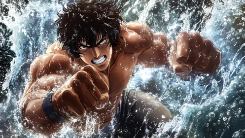 Storm-punching warrior erupts through crashing ocean fury.