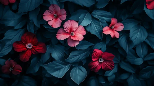 Chromatic Floral Composition with Deep Tonal Contrast and Overlapping Botanical Elements.