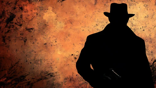 Silhouetted trench coat figure with gun on grunge backdrop.