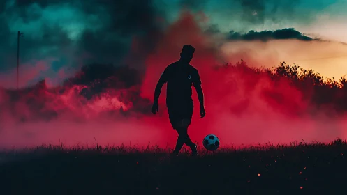 Silhouetted soccer player on field with dense colored smoke.