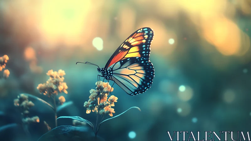 Monarch butterfly on wildflower in dreamy sunset glow.