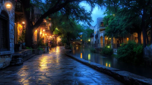 Riverwalk street and canal glow under evening blue light