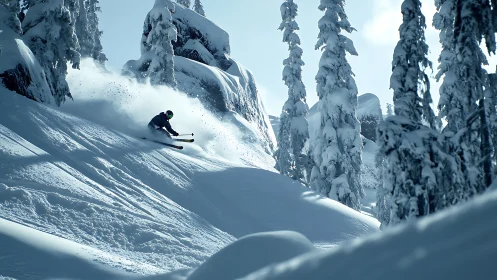 Skier carving through deep powder on steep forest slope.