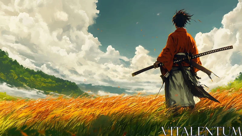 Lone wandering samurai surveys a storm-kissed golden field.