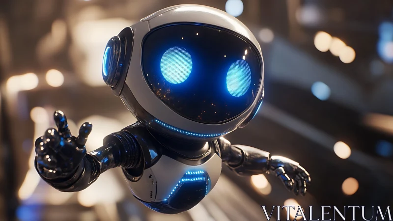 Small humanoid robot extends arm in illuminated interior