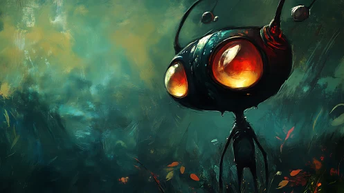 Insectoid figure stands in teal-toned abstract environment