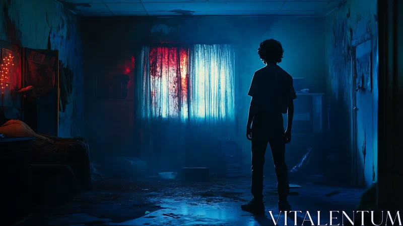 Silhouetted figure in dim blue room before bright window.