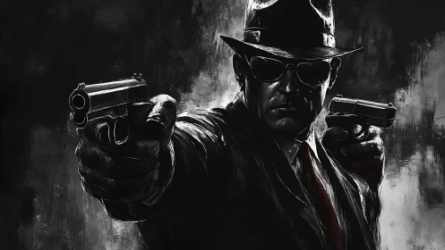 Noir gunman in fedora with dual pistols, high-contrast chiaroscuro.