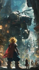 Young warriors confront colossal mech in sunlit steampunk city