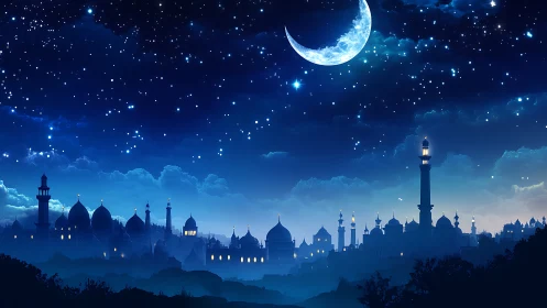 Night city skyline shows crescent moon over domes and towers