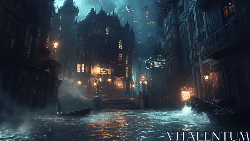 Midnight canalside city glows through stormy neon rain.