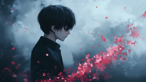 Stormlit boy exhales a drifting crimson memory trail