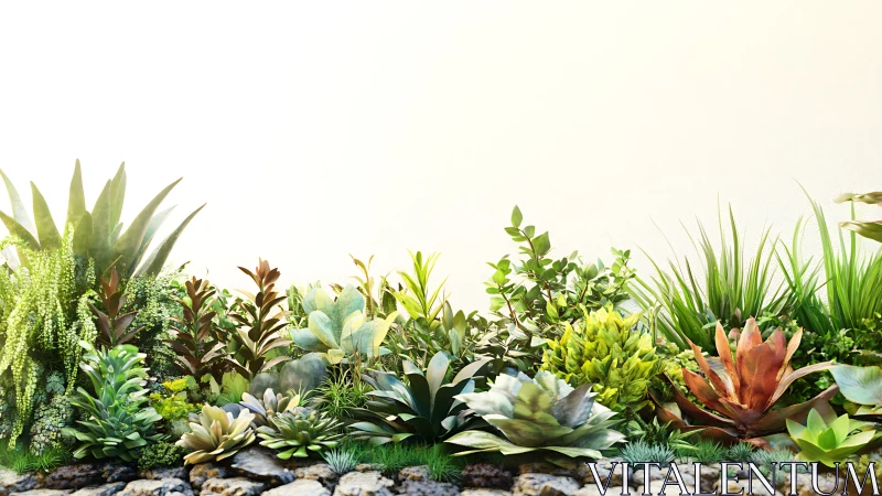 Succulent border rendered in high-key photorealistic lighting
