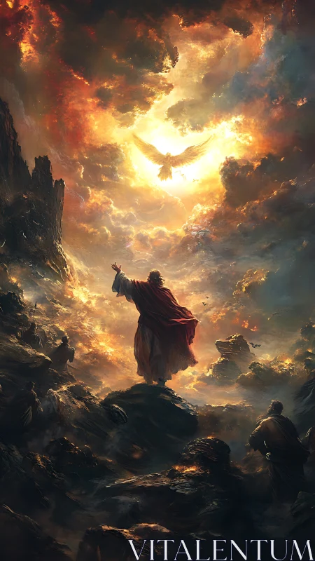 Prophet beneath blazing heavens and radiant spirit descent.