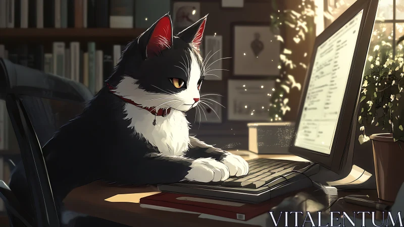 Whisker-Crowned Coder: Black & White Cat Commands Digital Destiny.