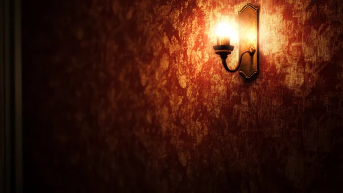Sultry wall sconce glow on weathered crimson tapestry wall.