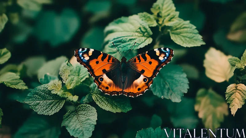 Orange butterfly on green foliage in centered close view.