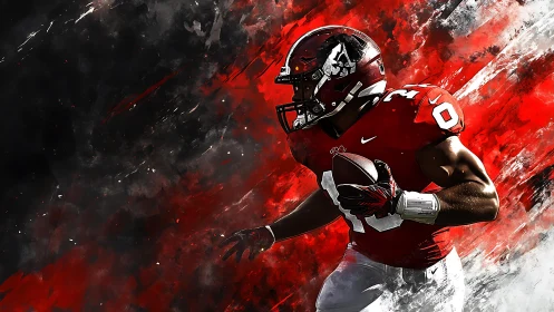 American football runner in red uniform on abstract field.